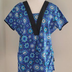PEACHES Vibrant Floral Nurse Scrub Top Stripes Cobalt Blue Black Pockets Size XL